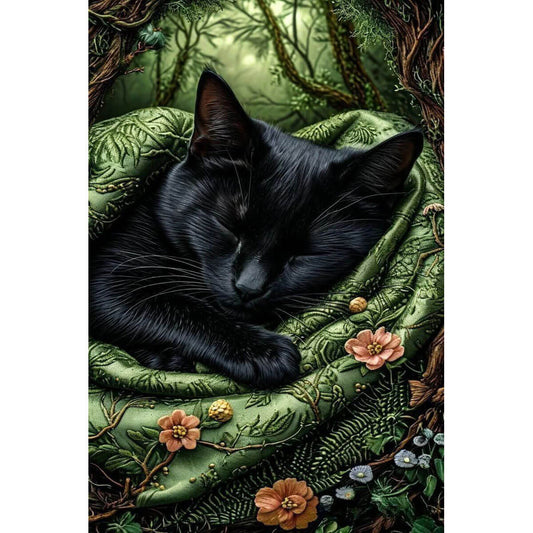 1000-Piece Premium Wooden Jigsaw Puzzle for Adults – Sleeping Black Cat in Green Nest | Artisan Crafted, Whimsical Shapes & Unique Designs, Best Relaxation Gift