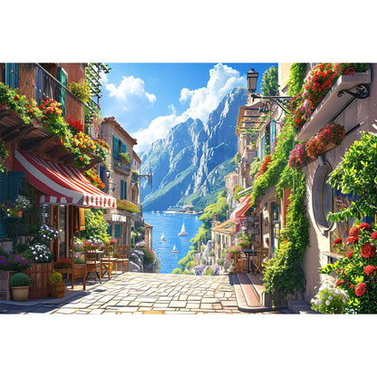 1000-Piece Premium Wooden Jigsaw Puzzle for Adults – Sunny Coastal Street | Artisan Crafted, Whimsical Shapes & Unique Designs, Best Relaxation Gift