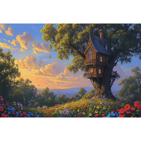 1000-Piece Premium Wooden Jigsaw Puzzle for Adults – Sunset Glow Treehouse | Artisan Crafted, Whimsical Shapes & Unique Designs, Best Relaxation Gift
