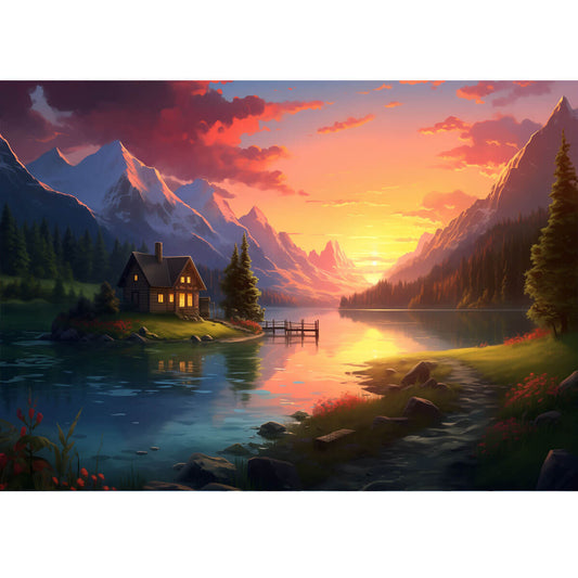 Wooden Jigsaw Puzzle 1000 Piece - Sunset Serenity at the Cozy Cabin