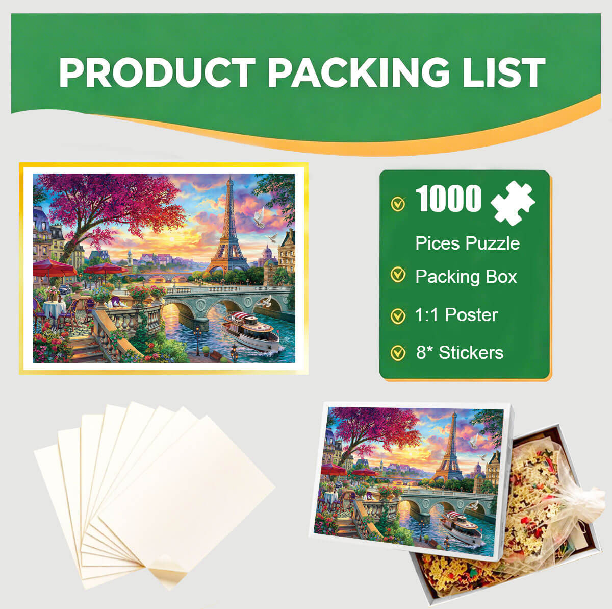 1000-Piece Premium Wooden Jigsaw Puzzle for Adults – Sunset View of the Eiffel Tower | Artisan Crafted, Whimsical Shapes & Unique Designs, Best Relaxation Gift