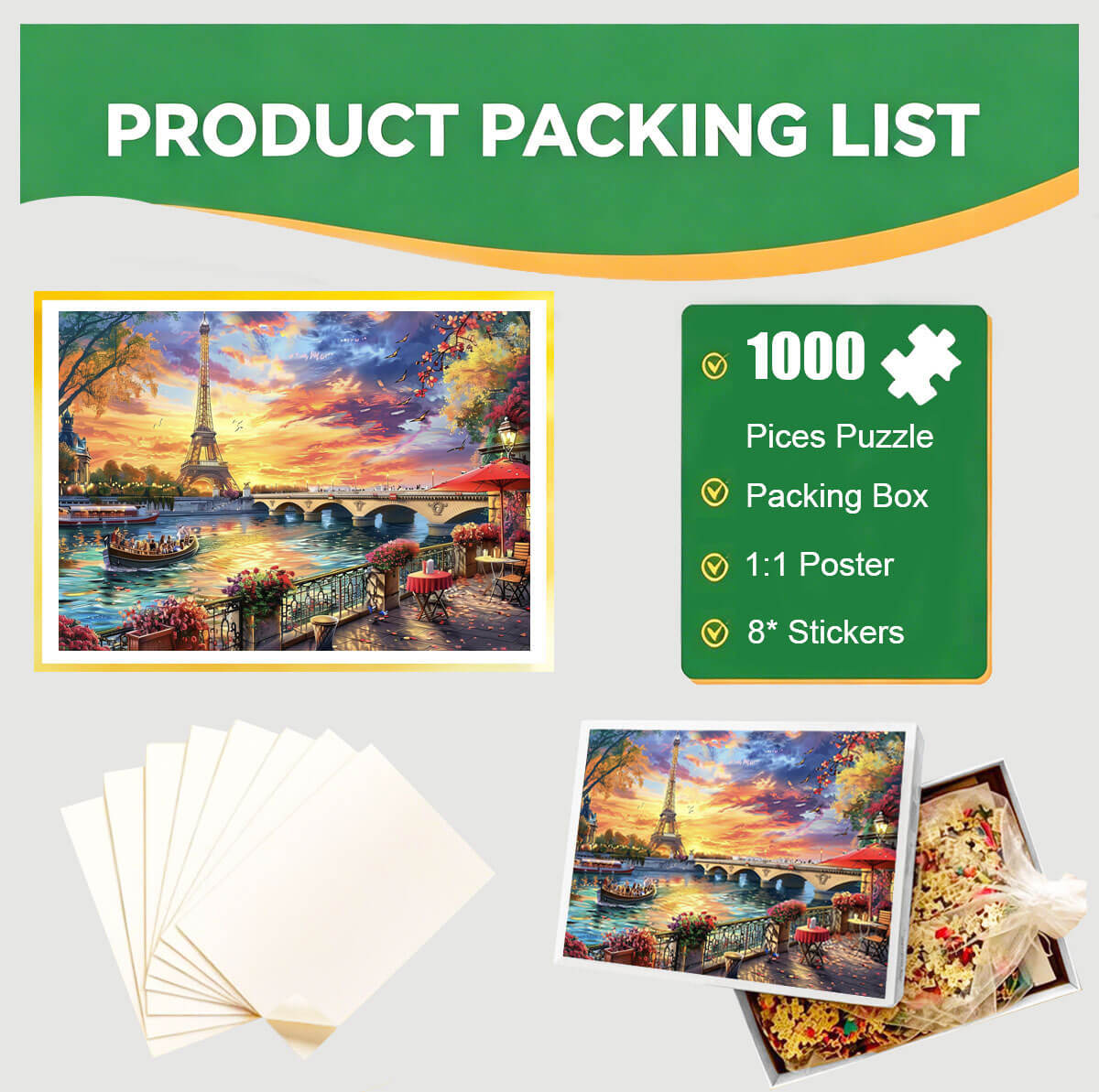 1000-Piece Premium Wooden Jigsaw Puzzle for Adults – Sunset at the Seine | Artisan Crafted, Whimsical Shapes & Unique Designs, Best Relaxation Gift