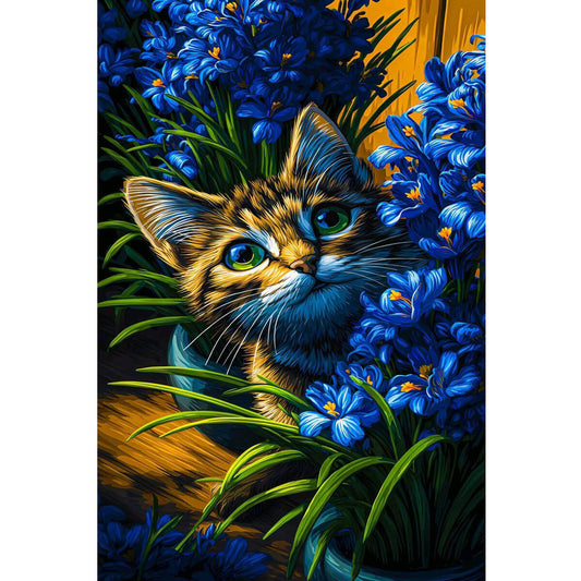 Wooden Jigsaw Puzzle 1000 Piece - Tabby Cat in Blue Flowers