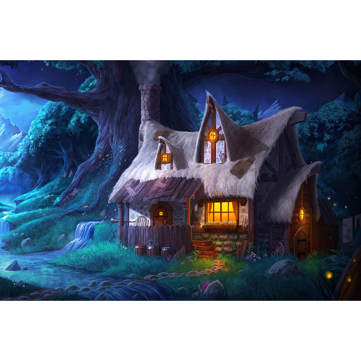 Wooden Jigsaw Puzzle 1000 Piece - Thatched Cottage in Moonlit Forest