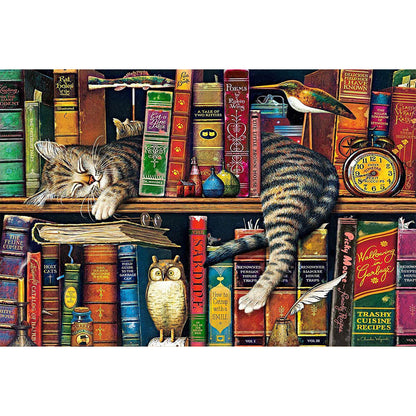 1000-Piece Premium Wooden Jigsaw Puzzle for Adults – The Cat on the Bookshelf | Artisan Crafted, Whimsical Shapes & Unique Designs, Best Relaxation Gift