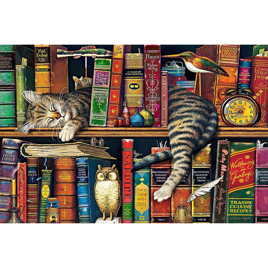 1000-Piece Premium Wooden Jigsaw Puzzle for Adults – The Cat on the Bookshelf | Artisan Crafted, Whimsical Shapes & Unique Designs, Best Relaxation Gift