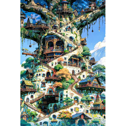 1000-Piece Premium Wooden Jigsaw Puzzle for Adults – Treehouse Village | Artisan Crafted, Whimsical Shapes & Unique Designs, Best Relaxation Gift