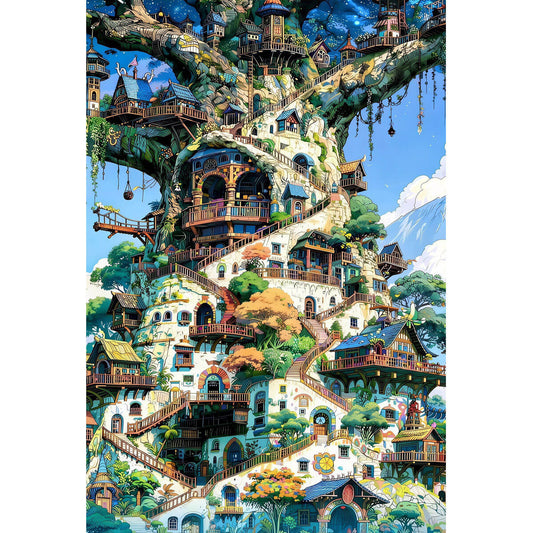 1000-Piece Premium Wooden Jigsaw Puzzle for Adults – Treehouse Village | Artisan Crafted, Whimsical Shapes & Unique Designs, Best Relaxation Gift