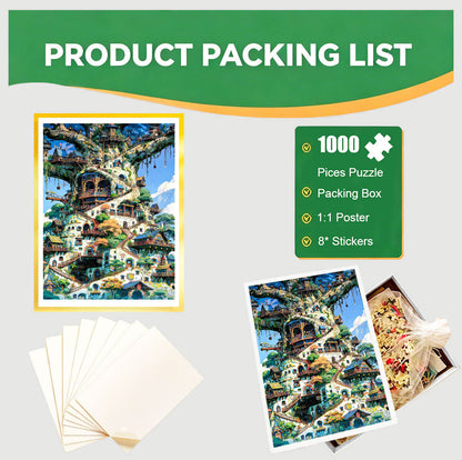 1000-Piece Premium Wooden Jigsaw Puzzle for Adults – Treehouse Village | Artisan Crafted, Whimsical Shapes & Unique Designs, Best Relaxation Gift