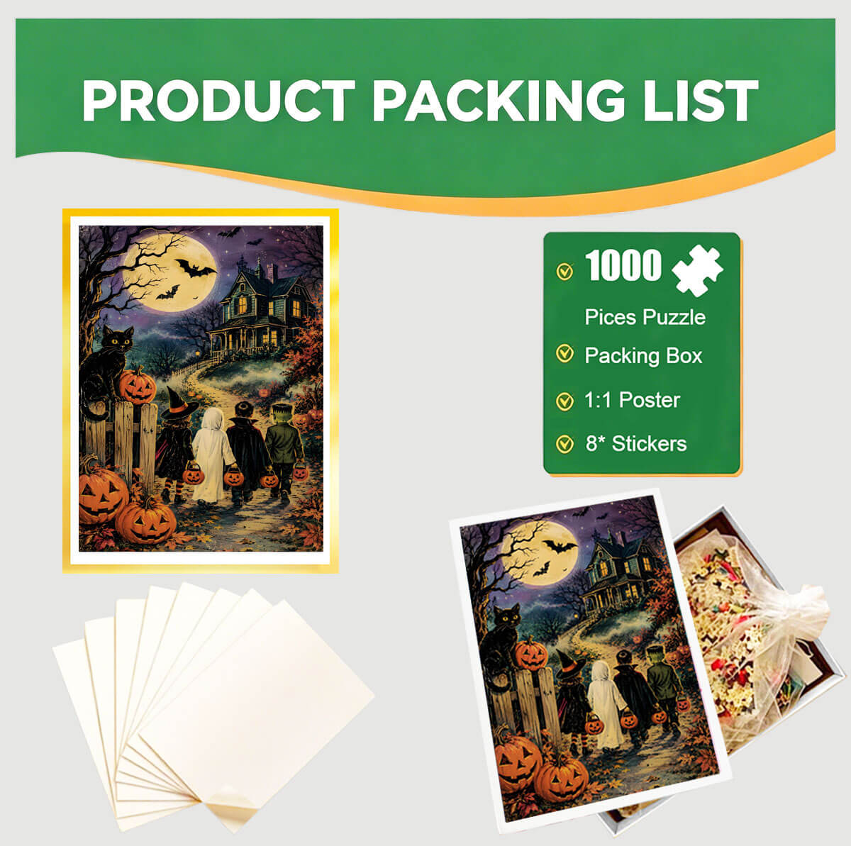 1000-Piece Premium Wooden Jigsaw Puzzle for Adults – Trick-or-Treaters on Halloween Night | Artisan Crafted, Whimsical Shapes & Unique Designs, Best Relaxation Gift