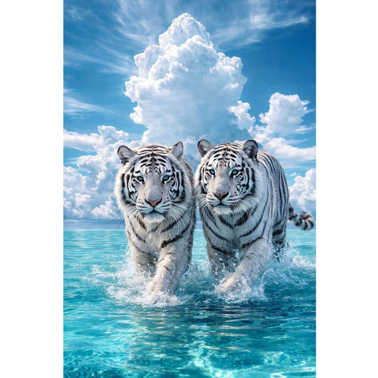 Wooden Jigsaw Puzzle 1000 Piece - Two White Tigers Running Through Water