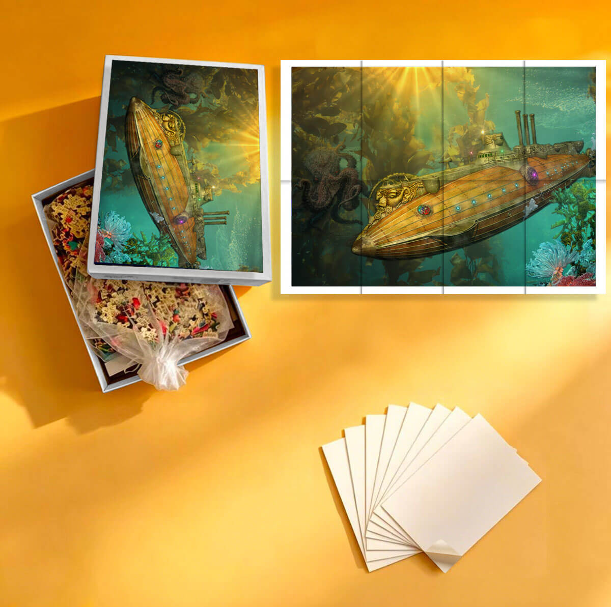 1000-Piece Premium Wooden Jigsaw Puzzle for Adults – Underwater Kraken Submarine Adventure | Artisan Crafted, Whimsical Shapes & Unique Designs, Best Relaxation Gift
