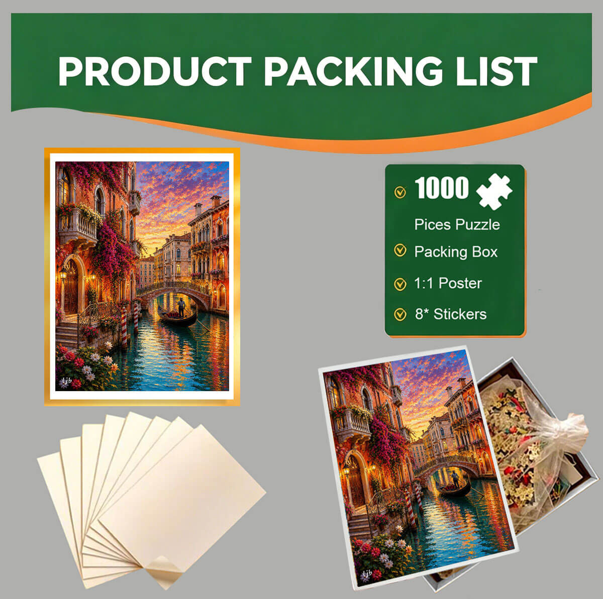 1000-Piece Premium Wooden Jigsaw Puzzle for Adults – Venice Sunset Canal | Artisan Crafted, Whimsical Shapes & Unique Designs, Best Relaxation Gift