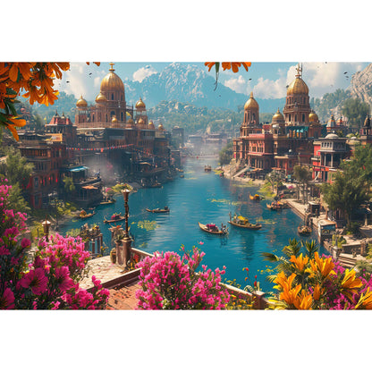 1000-Piece Premium Wooden Jigsaw Puzzle for Adults – Vibrant River City | Artisan Crafted, Whimsical Shapes & Unique Designs, Best Relaxation Gift