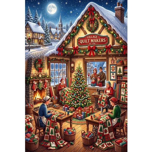 1000-Piece Premium Wooden Jigsaw Puzzle for Adults – ‌Village Quilt Makers' Christmas | Artisan Crafted, Whimsical Shapes & Unique Designs, Best Relaxation Gift