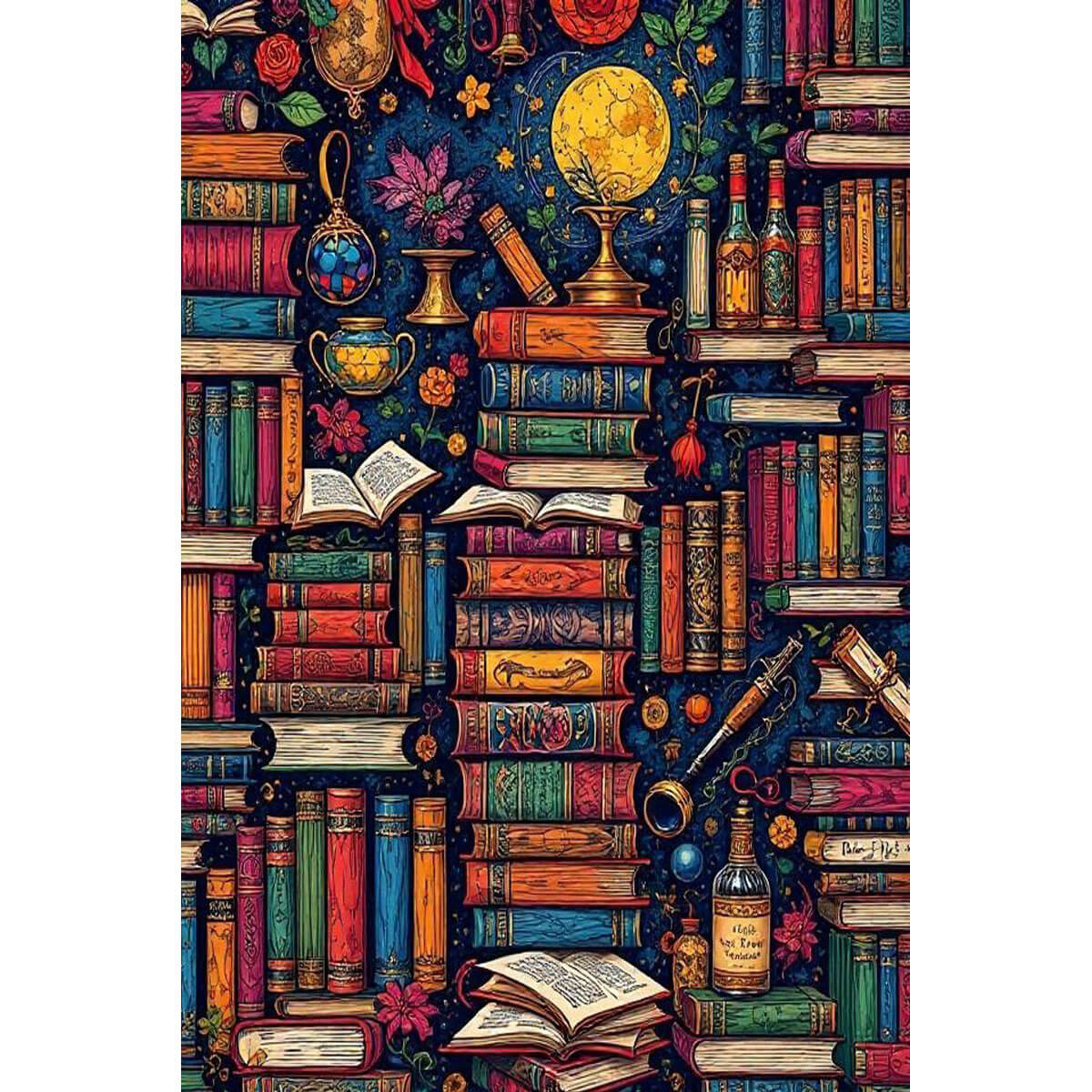 1000-Piece Premium Wooden Jigsaw Puzzle for Adults – Vintage Books and Moon | Artisan Crafted, Whimsical Shapes & Unique Designs, Best Relaxation Gift