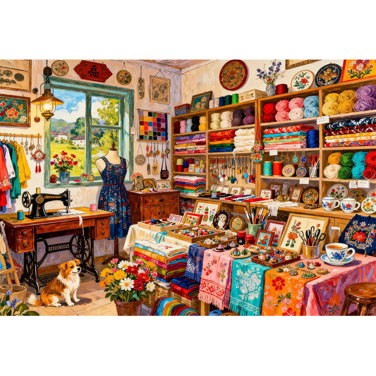 1000-Piece Premium Wooden Jigsaw Puzzle for Adults – Vintage Sewing Shop | Artisan Crafted, Whimsical Shapes & Unique Designs, Best Relaxation Gift