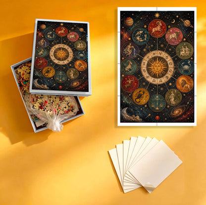 1000-Piece Premium Wooden Jigsaw Puzzle for Adults – Vintage Zodiac Sun Wheel | Artisan Crafted, Whimsical Shapes & Unique Designs, Best Relaxation Gift