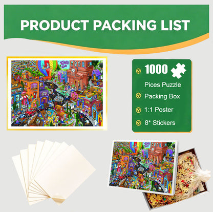 1000-Piece Premium Wooden Jigsaw Puzzle for Adults – Whimsical Street Panorama | Artisan Crafted, Whimsical Shapes & Unique Designs, Best Relaxation Gift