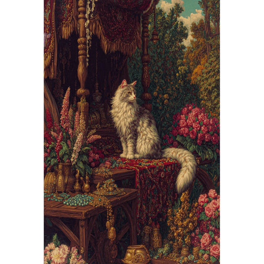 1000-Piece Premium Wooden Jigsaw Puzzle for Adults – White Fluffy Cat in Vintage Garden | Artisan Crafted, Whimsical Shapes & Unique Designs, Best Relaxation Gift