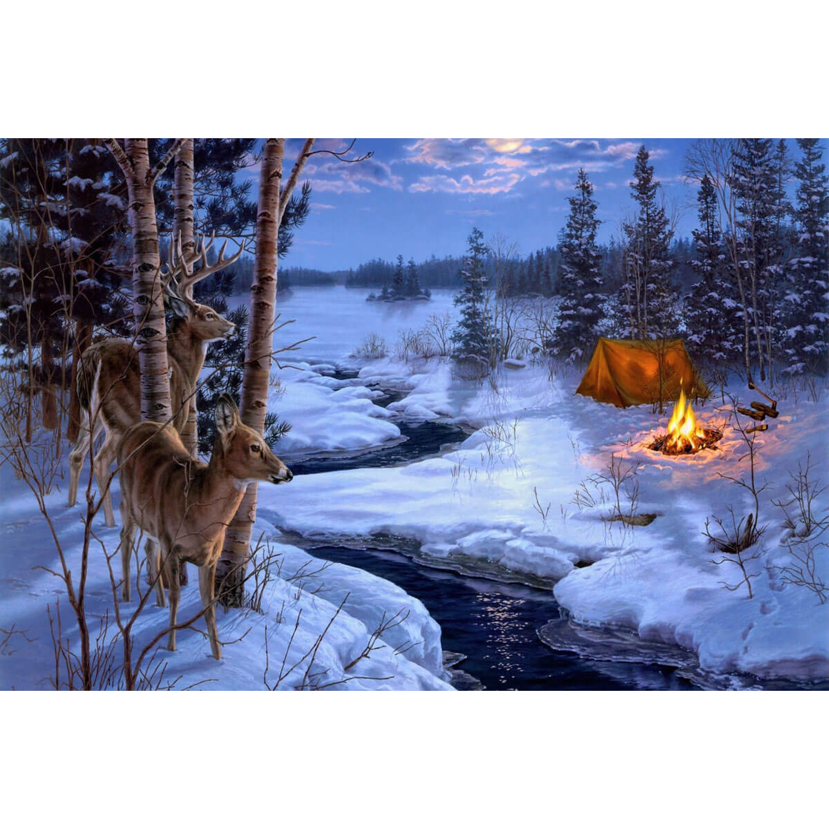 1000-Piece Premium Wooden Jigsaw Puzzle for Adults – Winter Camping with Deer | Artisan Crafted, Whimsical Shapes & Unique Designs, Best Relaxation Gift