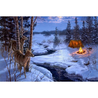 1000-Piece Premium Wooden Jigsaw Puzzle for Adults – Winter Camping with Deer | Artisan Crafted, Whimsical Shapes & Unique Designs, Best Relaxation Gift