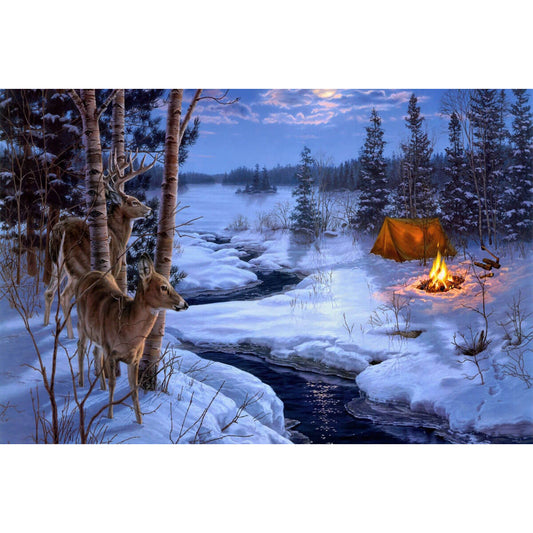 1000-Piece Premium Wooden Jigsaw Puzzle for Adults – Winter Camping with Deer | Artisan Crafted, Whimsical Shapes & Unique Designs, Best Relaxation Gift