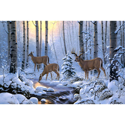 1000-Piece Premium Wooden Jigsaw Puzzle for Adults – Winter Forest Deer Stream | Artisan Crafted, Whimsical Shapes & Unique Designs, Best Relaxation Gift