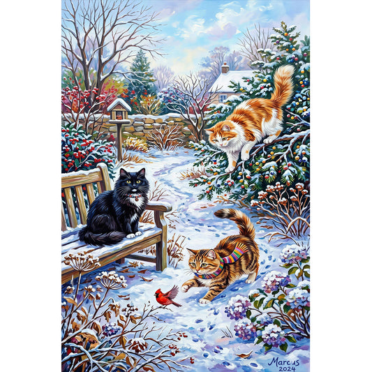 1000-Piece Premium Wooden Jigsaw Puzzle for Adults – Winter Garden Cats | Artisan Crafted, Whimsical Shapes & Unique Designs, Best Relaxation Gift
