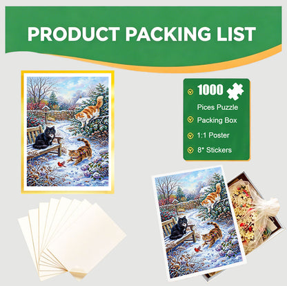 1000-Piece Premium Wooden Jigsaw Puzzle for Adults – Winter Garden Cats | Artisan Crafted, Whimsical Shapes & Unique Designs, Best Relaxation Gift