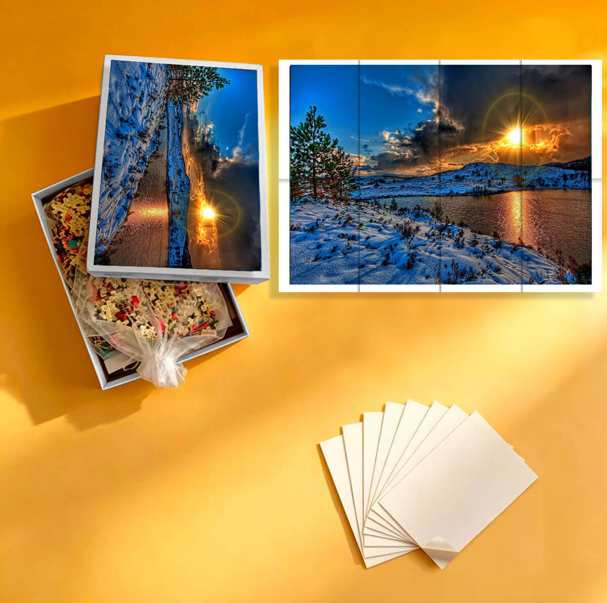 1000-Piece Premium Wooden Jigsaw Puzzle for Adults – Winter Lake Sunset | Artisan Crafted, Whimsical Shapes & Unique Designs, Best Relaxation Gift
