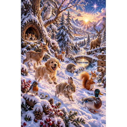 1000-Piece Premium Wooden Jigsaw Puzzle for Adults – Winter Wonderland Gathering | Artisan Crafted, Whimsical Shapes & Unique Designs, Best Relaxation Gift