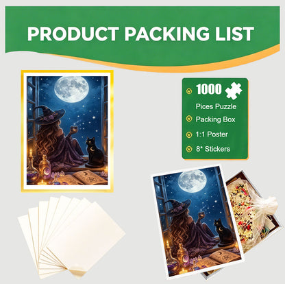 1000-Piece Premium Wooden Jigsaw Puzzle for Adults – Witch's Moonlit Companion | Artisan Crafted, Whimsical Shapes & Unique Designs, Best Relaxation Gift