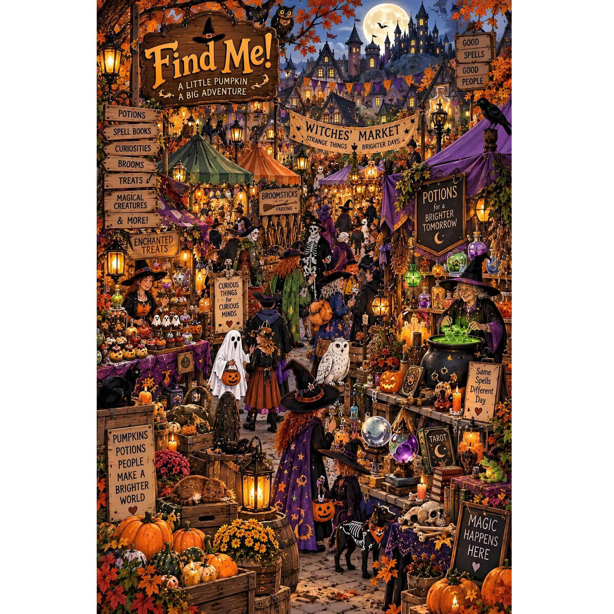 1000-Piece Premium Wooden Jigsaw Puzzle for Adults – Witches' Bazaar at Halloween | Artisan Crafted, Whimsical Shapes & Unique Designs, Best Relaxation Gift