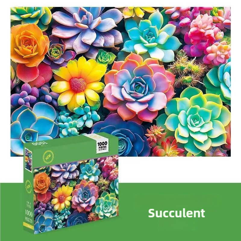 1000-Piece Cardboard Jigsaw Puzzle for Adults – Relaxing Gift Idea & Elegant Home Décor Artwork with Full-Size Poster, Premium Stress Relief Activity - Succulent Plants